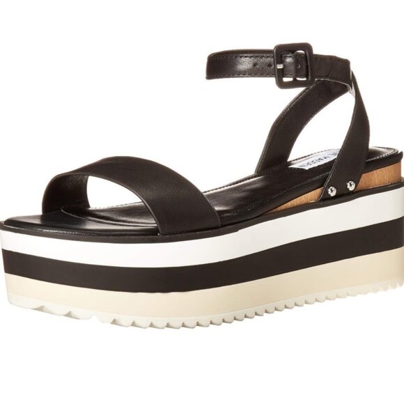 Steve Madden Black Platform Sandals Striped Sole Size 9.5 Straps Adjustable - Picture 2 of 11